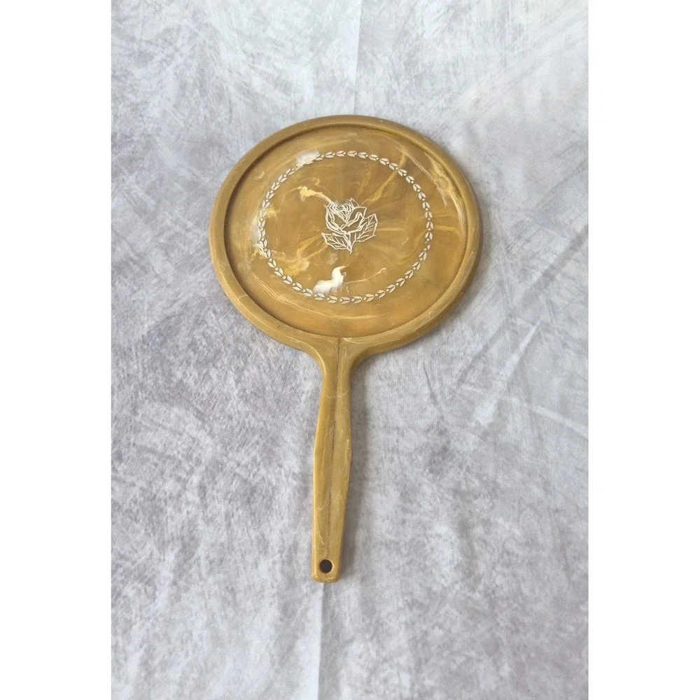 Vintage Large Hand Held Vanity Mirror with Floral Design 1950s Gold Tan